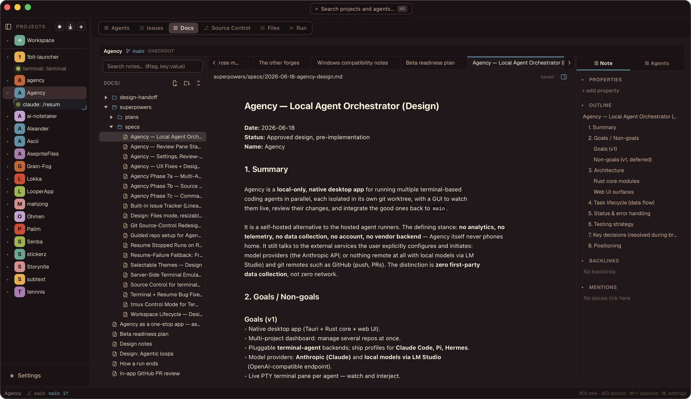 The Docs tab: a rendered markdown design note open in the editor with the notes tree on the left, and the note's properties, outline and backlinks in the panel on the right.