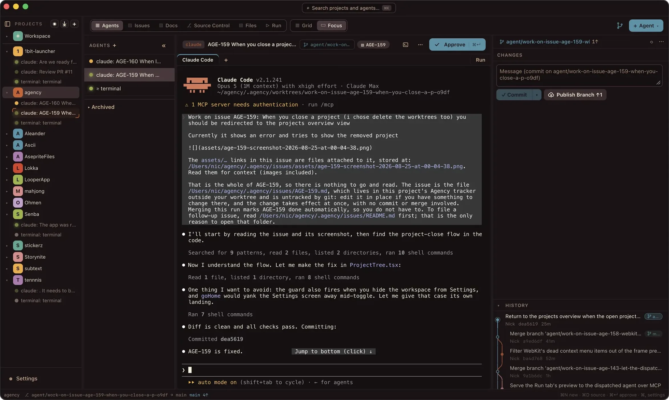An agent in focus view: Claude Code working an issue in its own worktree, the run rail on the left listing other agents, and the changes and commit history panel on the right with an Approve button.